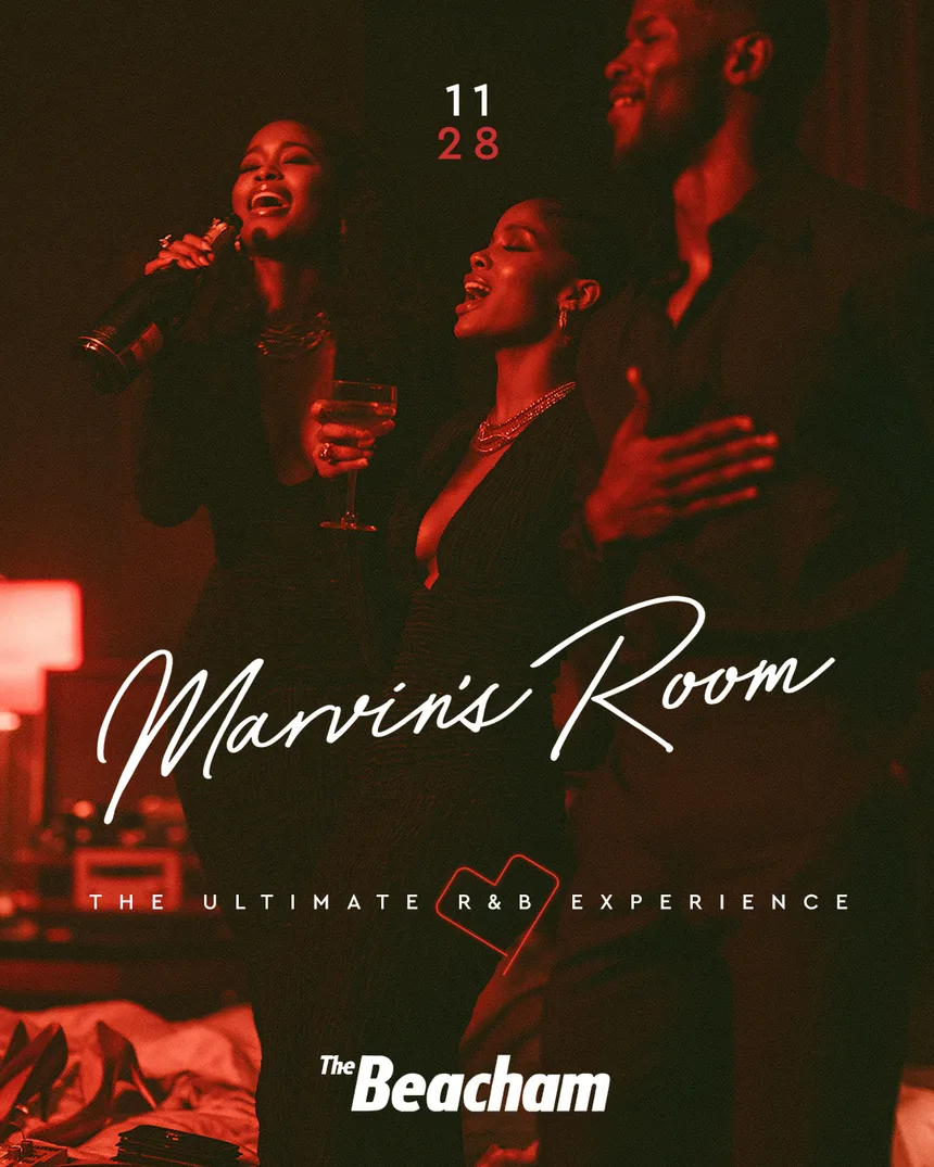 November 28 flyer: three friends singing into a champagne bottle